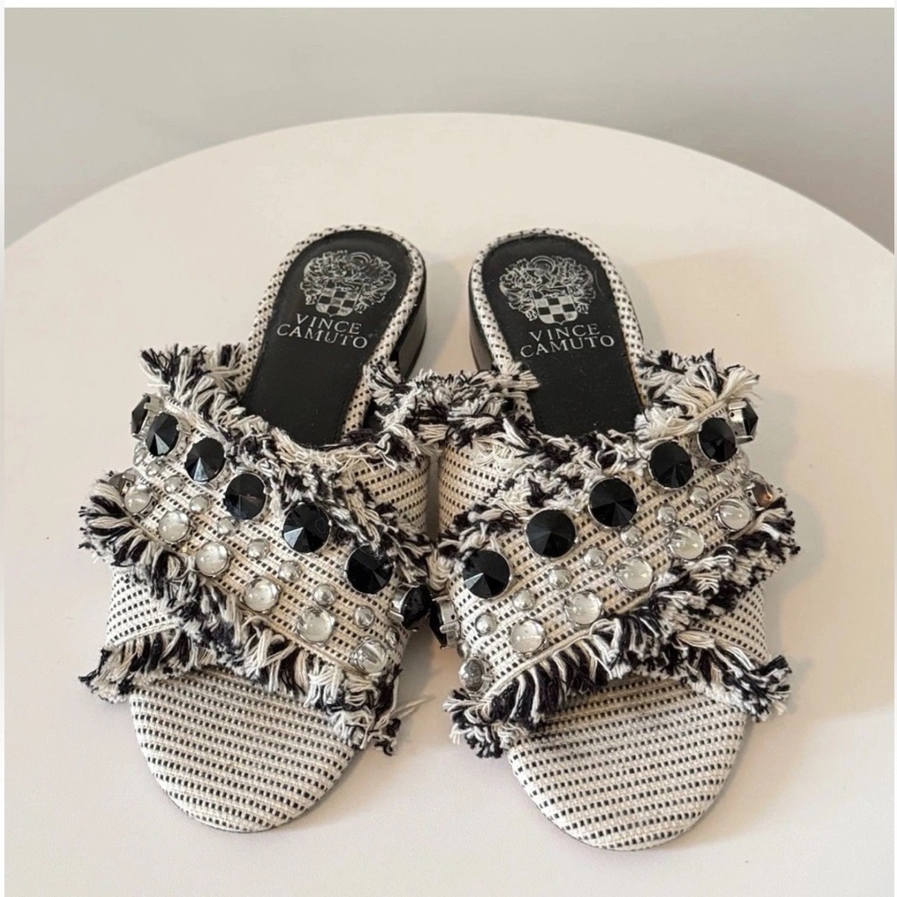 Vince Camuto Noritta Sandal Slides Tweed Fringe with Rhinestone Accents Size 6
